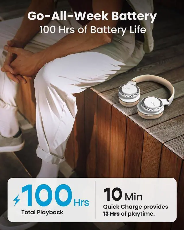 Alt view image 4 of 6 - Audio Enduro 100 Bluetooth Wireless Over the Ear Headphone - Up to 100 Hours Battery Life, Built-in Mic, Hi-Res Sound, Comfortable Fit and Fordable Design, for iPhone & Android (Sand)