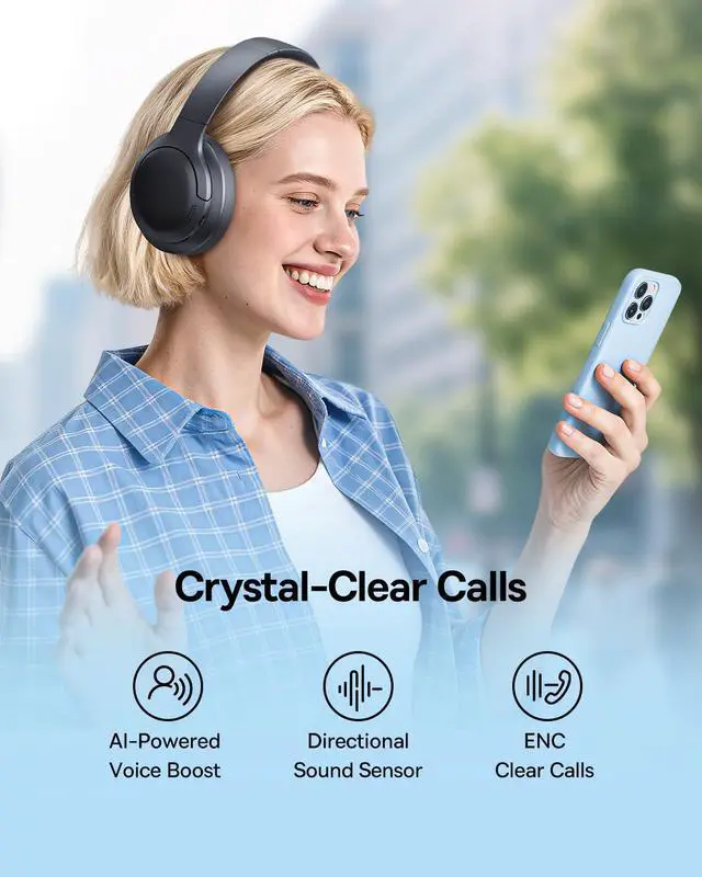Alt view image 2 of 7 - Bass BH1 Lite Bluetooth Headphones Over Ear, SuperBass, 80H Playtime,AI ENC Clear Calls, Comfortable Fit, Smart App Control, Bluetooth 6.0, Foldable Lightwight Headset for Travel -Cosmic Black