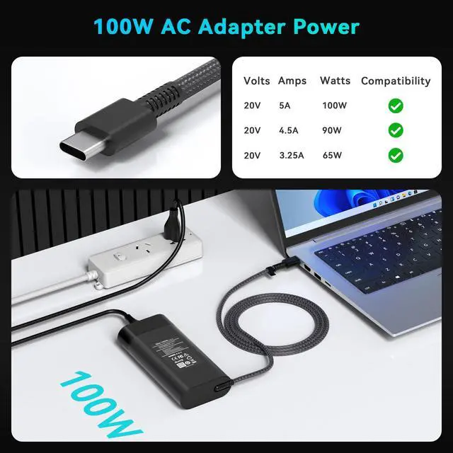 Alt view image 3 of 6 - 100W 110W USB-C Laptop Charger Compatible with HP ZBook Firefly 16 14 G11 ZBook 8 G1ak G1as G1i G1a 14" 16" EliteBook X 8 G1i G1a Envy 17 17-cw1000 OmniBook 7 AI 16-ay000 Type C Power Cord