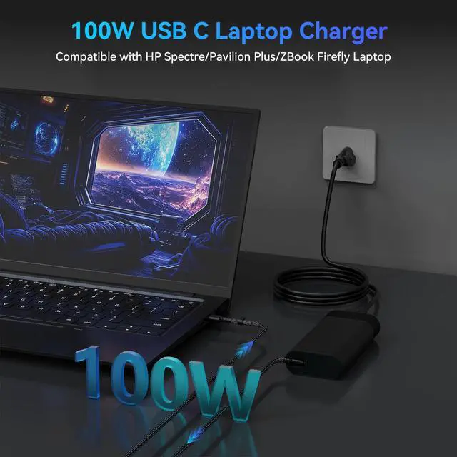Alt view image 2 of 6 - 100W 110W USB-C Laptop Charger Compatible with HP ZBook Firefly 16 14 G11 ZBook 8 G1ak G1as G1i G1a 14" 16" EliteBook X 8 G1i G1a Envy 17 17-cw1000 OmniBook 7 AI 16-ay000 Type C Power Cord