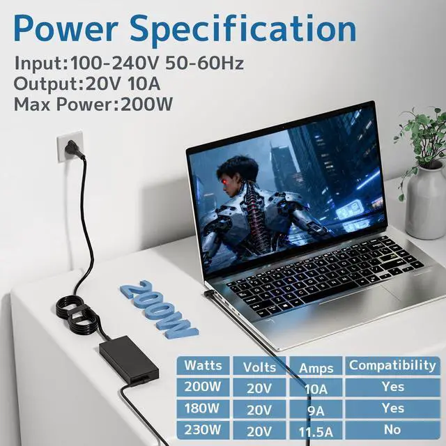 Alt view image 3 of 6 - 200W Charger Compatible with ASUS ROG TUF Gaming Laptop Power Adapter | ROG Zephyrus, Strix, TUF Dash, 180w 200 watt Stable High Power Output, for Work Home Office, 20V 10A adp-200jb d replacement