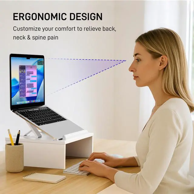 Alt view image 3 of 6 - Adjustable Wood Laptop Stand with Storage Space - Notebook Organizer & Ergonomic Computer Riser, Wrist Rest Included, Compatible with 9.8-15'' Laptops (MacBook Air Pro/HP/Dell/Lenovo),White