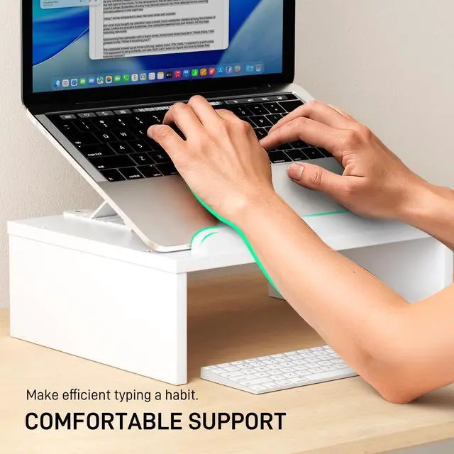 Alt view image 4 of 6 - Adjustable Wood Laptop Stand with Storage Space - Notebook Organizer & Ergonomic Computer Riser, Wrist Rest Included, Compatible with 9.8-15'' Laptops (MacBook Air Pro/HP/Dell/Lenovo),White