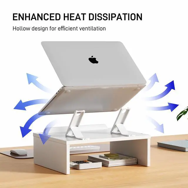 Alt view image 6 of 6 - Adjustable Wood Laptop Stand with Storage Space - Notebook Organizer & Ergonomic Computer Riser, Wrist Rest Included, Compatible with 9.8-15'' Laptops (MacBook Air Pro/HP/Dell/Lenovo),White