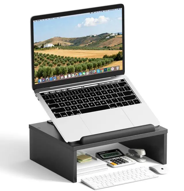 Main image of Adjustable Wood Laptop Stand with Storage Space - Notebook Organizer & Ergonomic Computer Riser, Wrist Rest Included, Compatible with 9.8-15'' Laptops (MacBook Air Pro/HP/Dell/Lenovo),Black
