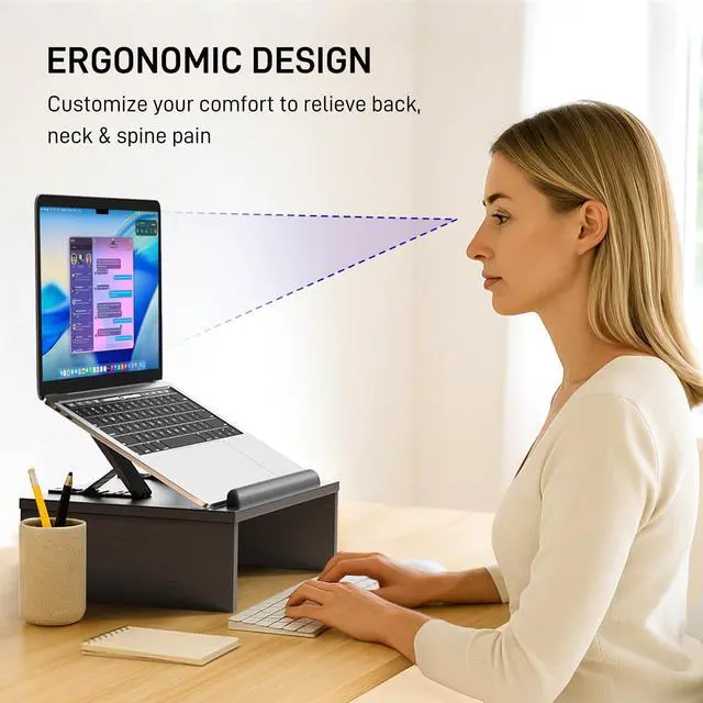 Alt view image 3 of 6 - Adjustable Wood Laptop Stand with Storage Space - Notebook Organizer & Ergonomic Computer Riser, Wrist Rest Included, Compatible with 9.8-15'' Laptops (MacBook Air Pro/HP/Dell/Lenovo),Black