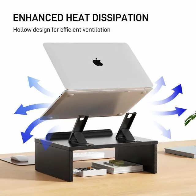 Alt view image 6 of 6 - Adjustable Wood Laptop Stand with Storage Space - Notebook Organizer & Ergonomic Computer Riser, Wrist Rest Included, Compatible with 9.8-15'' Laptops (MacBook Air Pro/HP/Dell/Lenovo),Black
