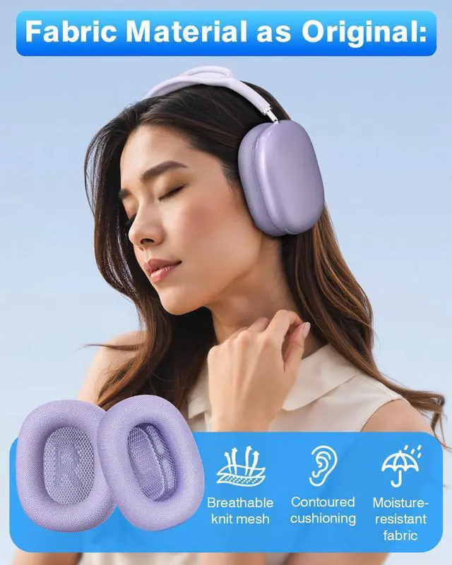 Alt view image 6 of 6 - Fabric Ear Pads for AirPods Max Headphone Magnetic Purple
