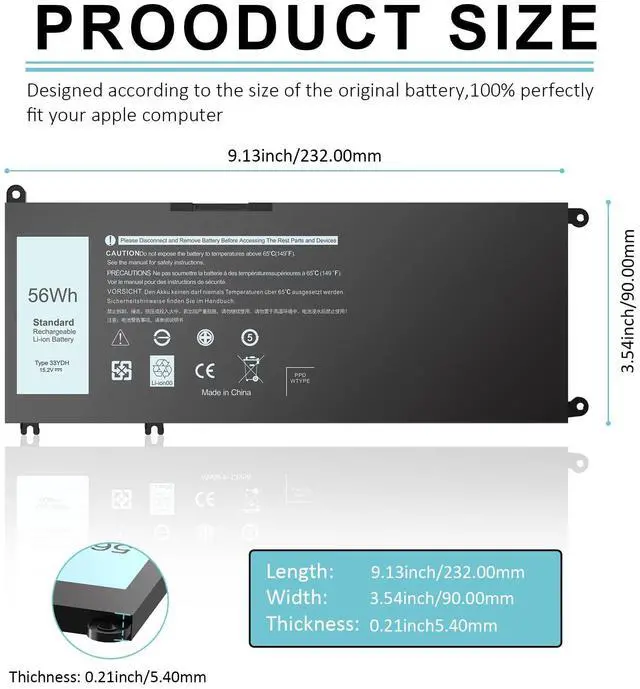 Alt view image 2 of 7 - 33YDH laptop Battery replacement for Dell Inspiron 17 7000 7786 7779 7773 7778 G3 G5 G7 3579 3779 5587 7588 15 7577 Latitude 13 3380 14 3490 15 3590 3580 99NF2 PVHT1 P72F 81PF3 081PF3 P30E001 56WH