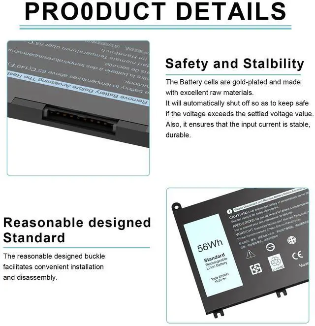 Alt view image 5 of 7 - 33YDH laptop Battery replacement for Dell Inspiron 17 7000 7786 7779 7773 7778 G3 G5 G7 3579 3779 5587 7588 15 7577 Latitude 13 3380 14 3490 15 3590 3580 99NF2 PVHT1 P72F 81PF3 081PF3 P30E001 56WH