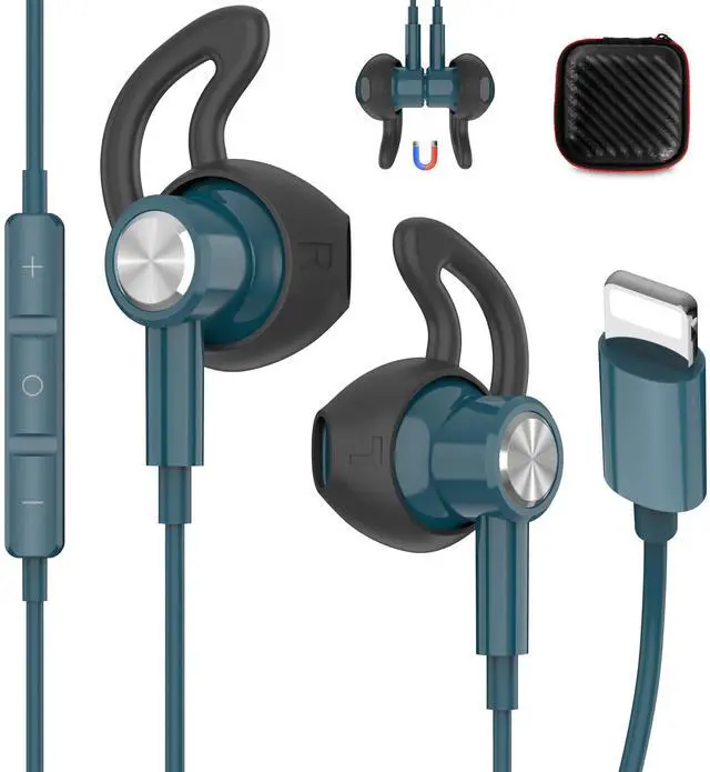 Main image of for Apple Lightning Headphones MFi-Certified Wired Earbuds Blue | Magnetic Larger Ear Buds Earphones with Anti-Drop Tips Corded Headset Cord for iPhone 14 Plus 13 Pro Max 12 Mini 11 XS XR 8