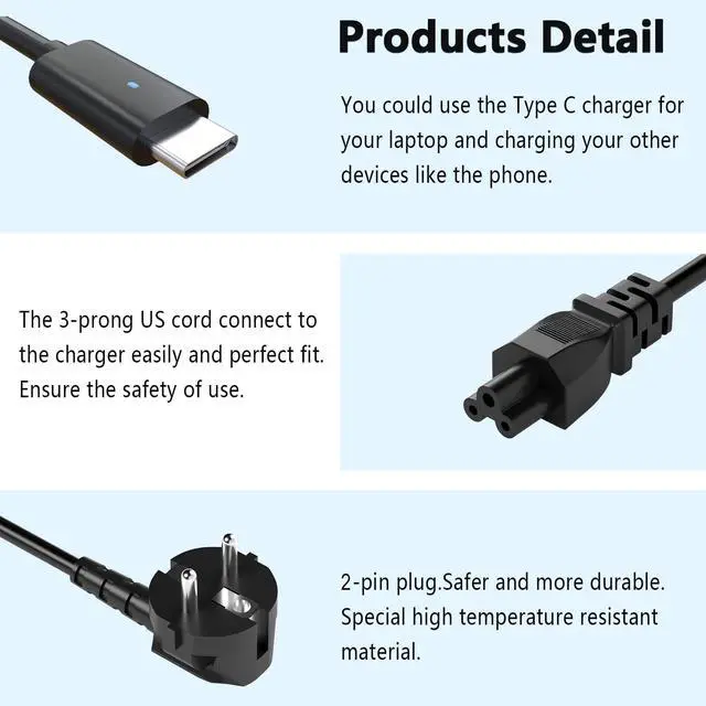 Alt view image 2 of 7 - 65W USB-C Laptop Charger Compatible with Dell Pro 16 15 | PC16250 DC15250 PB16250 DB16250 DB06250 14 DC14250 Pro 16 PC16250 Latitude 15 5540 2-in-1 Laptop Power AC Adapter
