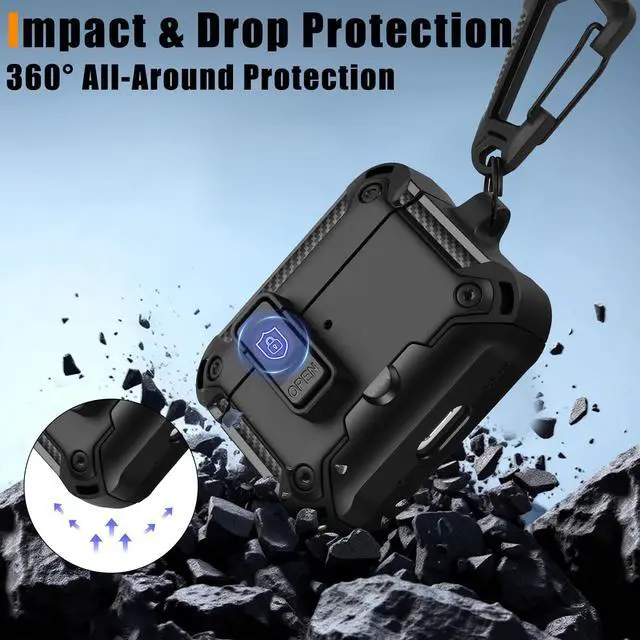 Alt view image 2 of 6 - Compatible with AirPods Pro 3 Case, Rugged Tough Hard Shell (Automatic Snap Switch Lock) Compatible with MagSafe with Lanyard and Stand Function for AirPods Pro 3 Cover (Black)