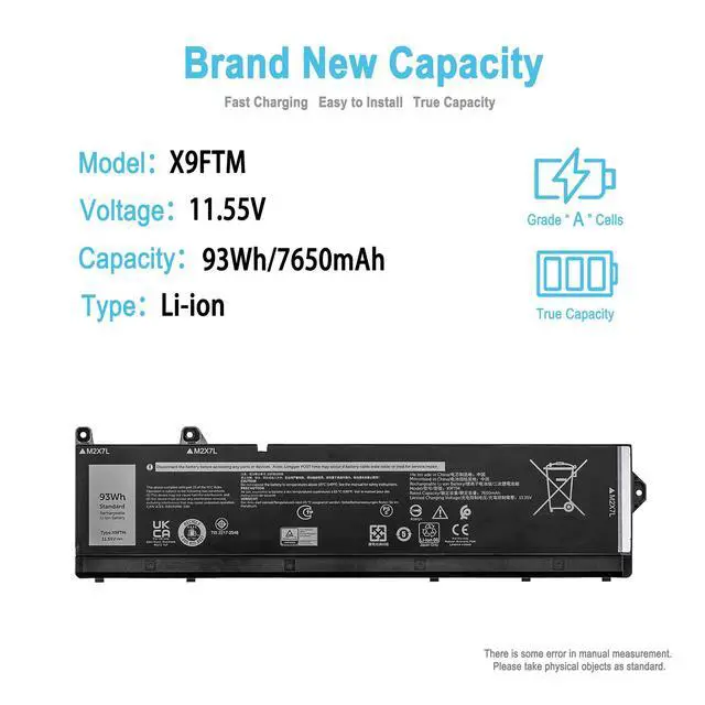 Alt view image 2 of 7 - 93Wh X9FTM Replacement Laptop Battery for Dell Precision 7670 7680 7770 7780 type P114F P114F001 P114F002 P115F P115F001 P115F002 Series RCVVT 45N47 451-BCYG 5JMD8 965V4 CPX-965V4 11.55V 7650mAh