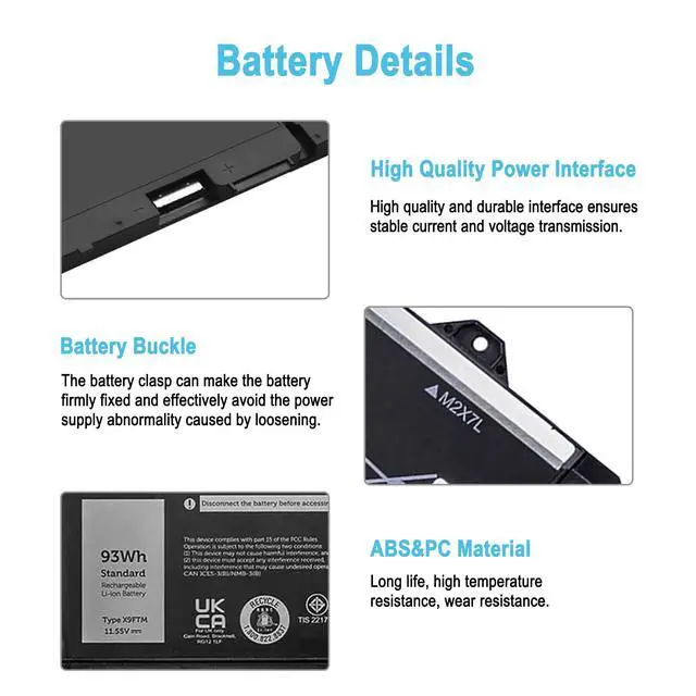 Alt view image 3 of 7 - 93Wh X9FTM Replacement Laptop Battery for Dell Precision 7670 7680 7770 7780 type P114F P114F001 P114F002 P115F P115F001 P115F002 Series RCVVT 45N47 451-BCYG 5JMD8 965V4 CPX-965V4 11.55V 7650mAh