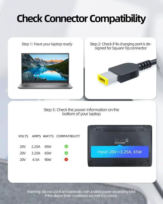 Alt view image 3 of 6 - 65W Slim Tip Charger Fit for Lenovo G710 G700 G510 G505 G500 G410 G405 G70 G51 G50 G41 G40 Laptop, Y27g Y27f Y25f Q27q L27q L24q Monitor, Fit for ThinkSmart Core Controller Smart Devices