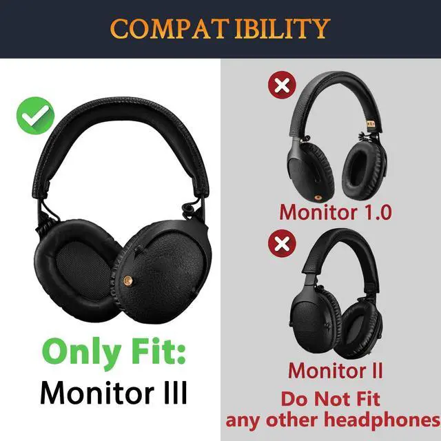 Alt view image 2 of 7 - Replacement Earpads for Marshall Monitor III(3.0 Edition) ANC Over-Ear Headphones, Ear Pads Cushions with Soft Protein Leather and High-Density Memory Foam - Black