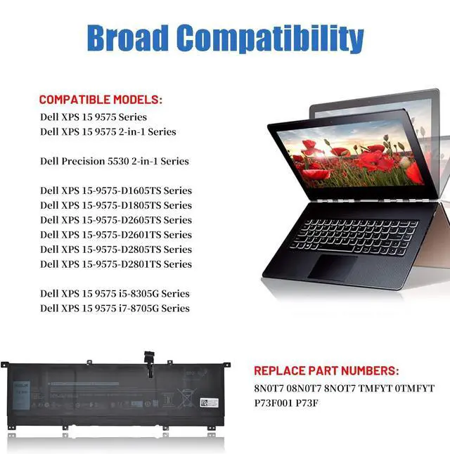 Alt view image 2 of 7 - 8N0T7 Laptop Battery Replacement for DELL XPS 15 9575 Precision 5530 2-in-1 Series Notebook Compatible with 8N0T7 08N0T7 TMFYT 0TMFYT 11.4V 75Wh