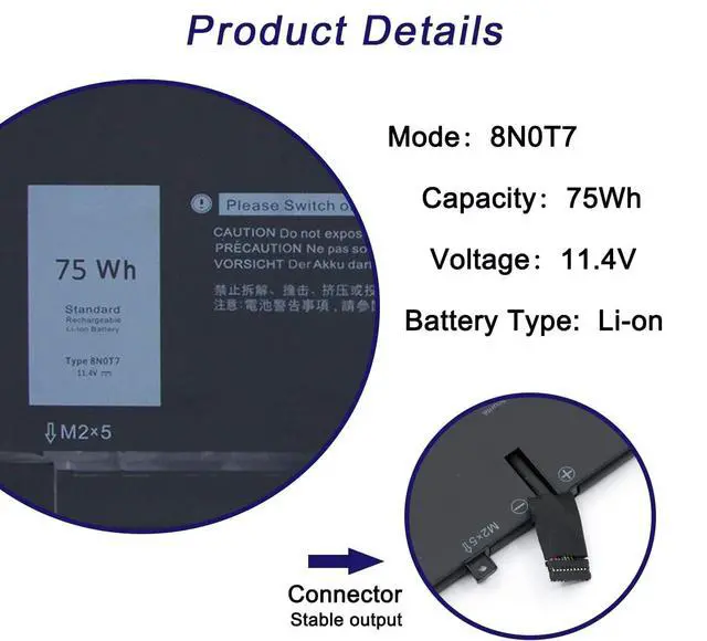 Alt view image 3 of 7 - 8N0T7 Laptop Battery Replacement for DELL XPS 15 9575 Precision 5530 2-in-1 Series Notebook Compatible with 8N0T7 08N0T7 TMFYT 0TMFYT 11.4V 75Wh