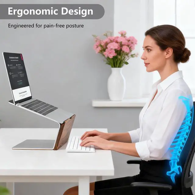 Alt view image 5 of 7 - Laptop Stand,Wood & Aluminum Laptop Holder Stand,Ergonomic Laptops Elevator for Desk, Metal Holder Compatible with MacBook Pro/Air, HP, Dell 10-16" (Black Walnut)