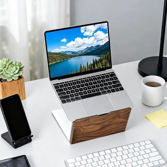 Alt view image 7 of 7 - Laptop Stand,Wood & Aluminum Laptop Holder Stand,Ergonomic Laptops Elevator for Desk, Metal Holder Compatible with MacBook Pro/Air, HP, Dell 10-16" (Black Walnut)