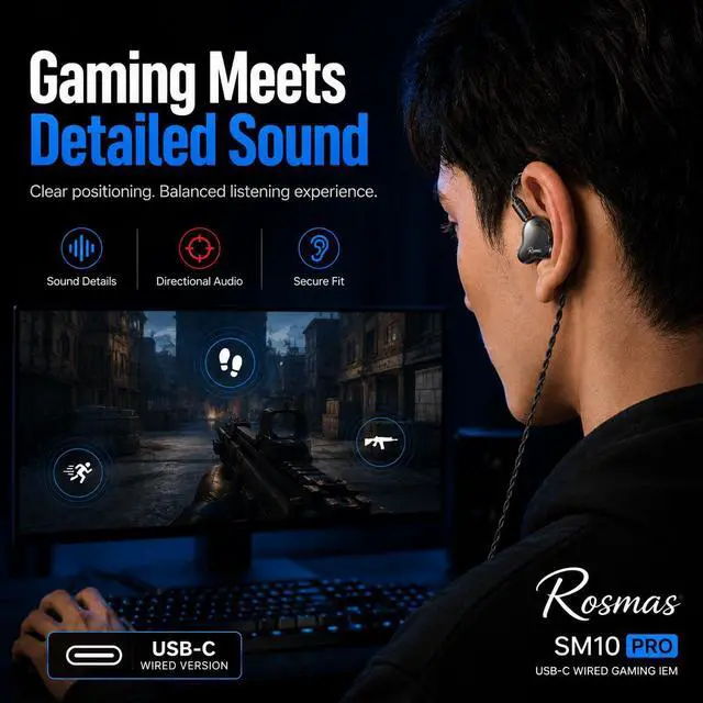 Alt view image 4 of 6 - SM10 Pro USB C Wired IEM Earbuds with Mic, Detachable 2-Pin Cable, 4BA+1DD Hybrid in-Ear Headphones, Secure Over-Ear Fit for Phone, Tablet and PC,Black