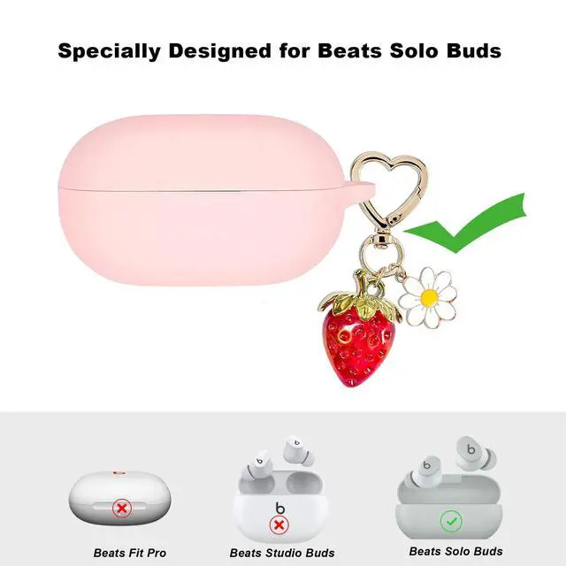 Alt view image 2 of 6 - for Beats Solo Buds Case Cover with Cute Strawberry Charm Heart Keychain, Soft Silicone Protective Case Daisy Key Chains for New Beats Solo Charging Case Earbuds for Women Men Pink