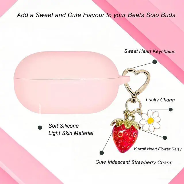 Alt view image 4 of 6 - for Beats Solo Buds Case Cover with Cute Strawberry Charm Heart Keychain, Soft Silicone Protective Case Daisy Key Chains for New Beats Solo Charging Case Earbuds for Women Men Pink