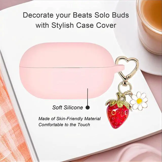 Alt view image 5 of 6 - for Beats Solo Buds Case Cover with Cute Strawberry Charm Heart Keychain, Soft Silicone Protective Case Daisy Key Chains for New Beats Solo Charging Case Earbuds for Women Men Pink