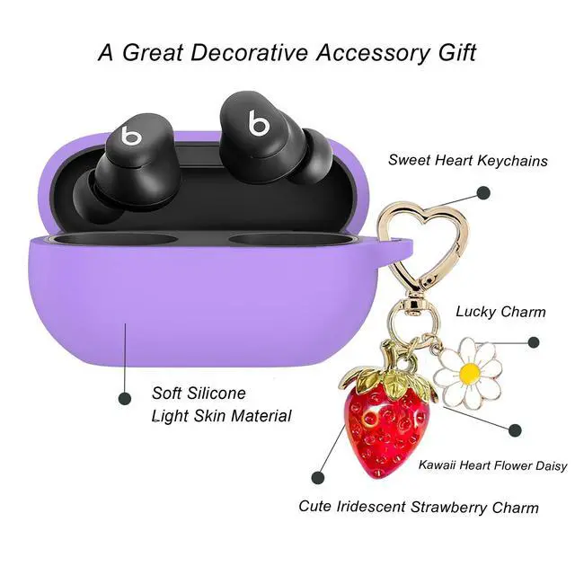 Alt view image 3 of 6 - for Beats Solo Buds Case Cover with Cute Strawberry Charm Heart Keychain, Soft Silicone Protective Case Daisy Key Chains for New Beats Solo Charging Case Earbuds Lavender Purple