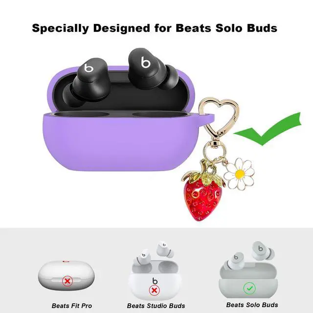 Alt view image 2 of 6 - for Beats Solo Buds Case Cover with Cute Strawberry Charm Heart Keychain, Soft Silicone Protective Case Daisy Key Chains for New Beats Solo Charging Case Earbuds Lavender Purple