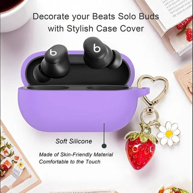 Alt view image 5 of 6 - for Beats Solo Buds Case Cover with Cute Strawberry Charm Heart Keychain, Soft Silicone Protective Case Daisy Key Chains for New Beats Solo Charging Case Earbuds Lavender Purple