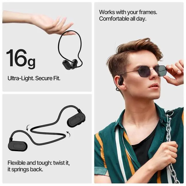 Alt view image 3 of 6 - Open Ear Bluetooth Headphones Air Conduction Neckband ENC Clear Calls, All-Day Battery, Glasses-Friendly, Sweat-Resistant, Bluetooth 5.2 for Work & Sports