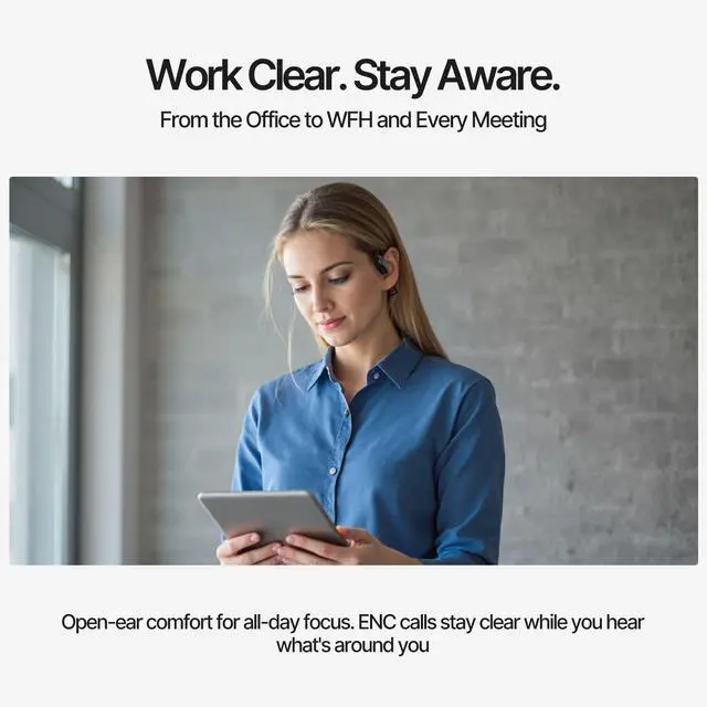 Alt view image 4 of 6 - Open Ear Bluetooth Headphones Air Conduction Neckband ENC Clear Calls, All-Day Battery, Glasses-Friendly, Sweat-Resistant, Bluetooth 5.2 for Work & Sports