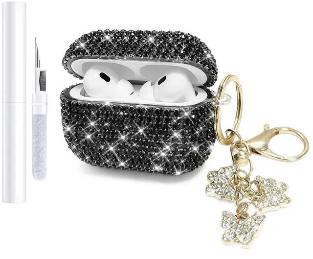 Main image of Compatible with AirPods Pro 2 Case Cover 2022, Hard TPU Case with Glitter Diamond for AirPods Pro 2nd/1st Generation with Bling Butterfly Keychain and Cleaning Kit for Girls Women (Black)