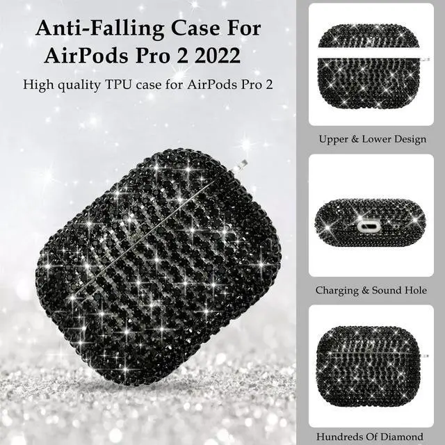 Alt view image 2 of 7 - Compatible with AirPods Pro 2 Case Cover 2022, Hard TPU Case with Glitter Diamond for AirPods Pro 2nd/1st Generation with Bling Butterfly Keychain and Cleaning Kit for Girls Women (Black)