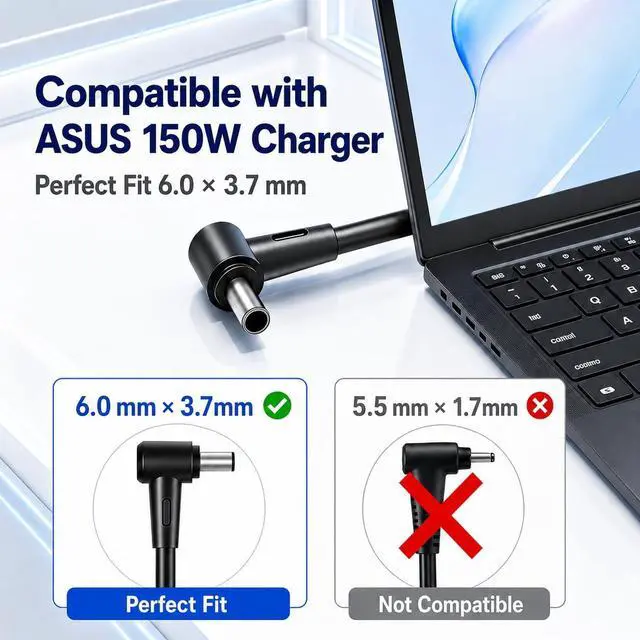 Alt view image 2 of 6 - 150W Charger Fit for ASUS TUF A15 FX505GT FX705GT ROG Strix G531GD G731GT | Select TUF F15 F17 ROG Strix G15 G17, AC Adapter Replacement for ADP-150CH B A18-150P1A, 20V 7.5A Power Supply 6.0x3.7mm Tip