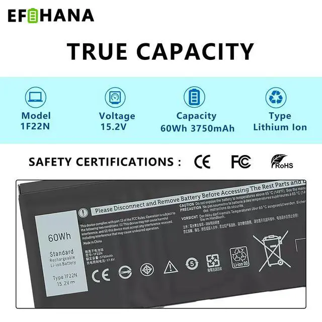Alt view image 3 of 6 - 1F22N Laptop Battery Replace for Dell Alienware 2018 M15 G5 5590 G7 7590 7790 R2 R1 2019 P79F M17 P37E P37E001 5590-D2783W D2743B D2843W Series 01F22N 0HYWXJ HYWXJ JJPFK 8622M