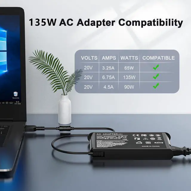 Alt view image 2 of 6 - 135W Laptop Charger Slim Tip for Lenovo Thinkpad | Compatible with X1 Extreme E440 L440 P1 P50s P51s P15v P16 S3 T431s T15 W540, 4X20E50558, 888015027, ADL135NDC3A