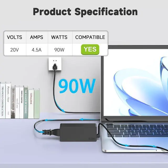 Alt view image 2 of 6 - 90W 65W USB-C Type-C Laptop Charger Compatible with HP Spectre x360/ Chromebook; Dell XPS/Latitude; Lenovo ThinkPad/IdeaPad/Yoga Series T480 T480s T580 T580s