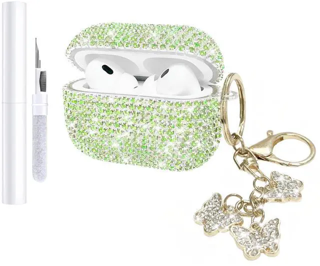 Main image of Compatible with AirPods Pro 2 Case Cover 2022, Hard TPU Case with Glitter Diamond for AirPods Pro 2nd/1st Generation with Bling Butterfly Keychain and Cleaning Kit for Girls Women (Green)