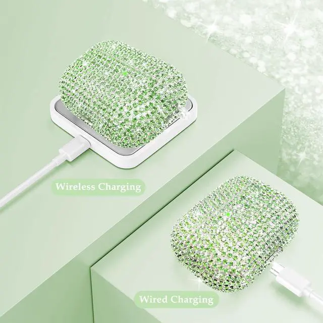 Alt view image 3 of 7 - Compatible with AirPods Pro 2 Case Cover 2022, Hard TPU Case with Glitter Diamond for AirPods Pro 2nd/1st Generation with Bling Butterfly Keychain and Cleaning Kit for Girls Women (Green)