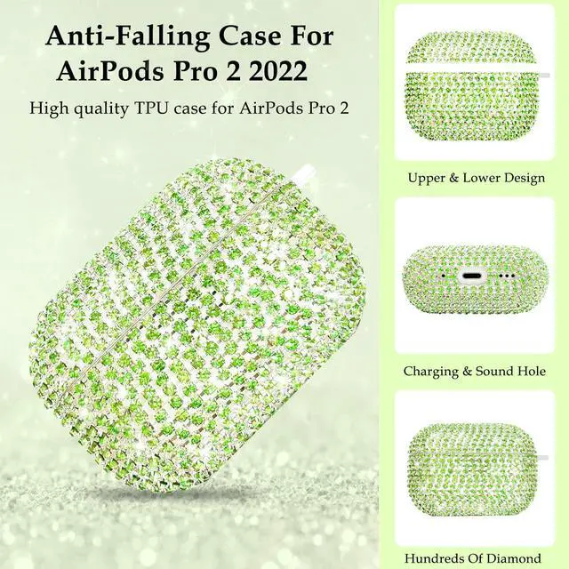 Alt view image 2 of 7 - Compatible with AirPods Pro 2 Case Cover 2022, Hard TPU Case with Glitter Diamond for AirPods Pro 2nd/1st Generation with Bling Butterfly Keychain and Cleaning Kit for Girls Women (Green)