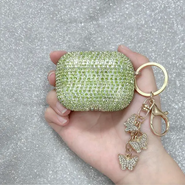 Alt view image 6 of 7 - Compatible with AirPods Pro 2 Case Cover 2022, Hard TPU Case with Glitter Diamond for AirPods Pro 2nd/1st Generation with Bling Butterfly Keychain and Cleaning Kit for Girls Women (Green)