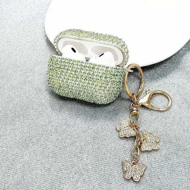 Alt view image 5 of 7 - Compatible with AirPods Pro 2 Case Cover 2022, Hard TPU Case with Glitter Diamond for AirPods Pro 2nd/1st Generation with Bling Butterfly Keychain and Cleaning Kit for Girls Women (Green)