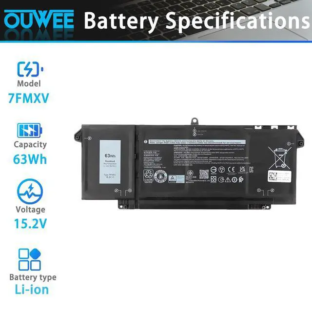 Alt view image 2 of 5 - 7FMXV Laptop Battery Compatible with Dell Latitude 5320 7320 7420 7520 Series Notebook 0TN2GY TN2GY 9JM71 15.2V 63Wh 3941mAh