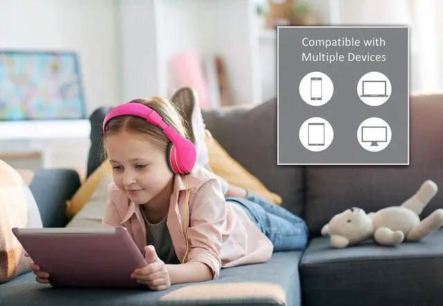 Alt view image 2 of 6 - Kids Headphones, Stereo Sound, 3.5mm Jack Cord, Wired Headphones for Kids, Tangle-Free, Volume Control, Childrens Earphones Over Ear for Travel Pink