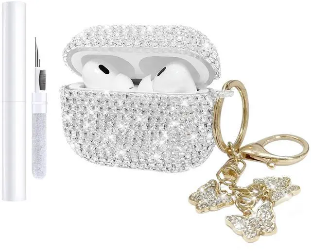 Main image of Compatible with AirPods Pro 2 Case Cover 2022, Hard TPU Case with Glitter Diamond for AirPods Pro 2nd/1st Generation with Bling Butterfly Keychain and Cleaning Kit for Girls Women (Silver)