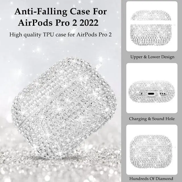 Alt view image 2 of 7 - Compatible with AirPods Pro 2 Case Cover 2022, Hard TPU Case with Glitter Diamond for AirPods Pro 2nd/1st Generation with Bling Butterfly Keychain and Cleaning Kit for Girls Women (Silver)