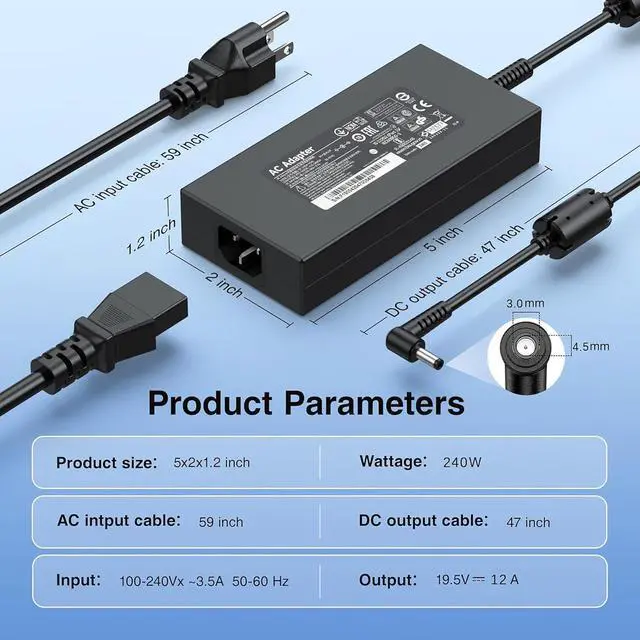 Alt view image 3 of 4 - 240W AC Laptop Charger for MSI Pulse GL76,GL66,GF76 Crosshair 15,16,17 | For MSI A20-240P2A,A240A010P,ADP-240EB D